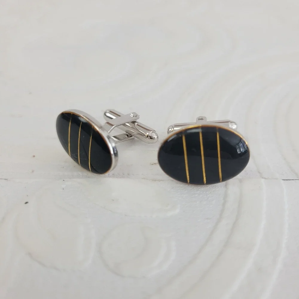 Vintage Black Enamel‎ Oval Cufflinks Gold Silver Tone Formal Onyx Style